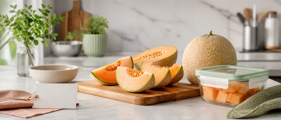 Whole rockmelon with sliced wedges, washed rind, and a covered storage container on a calm kitchen counter.