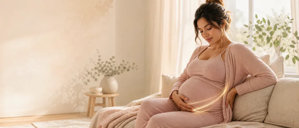Premium editorial illustration of round ligament pain during pregnancy with movement, support, and when-to-call cues.