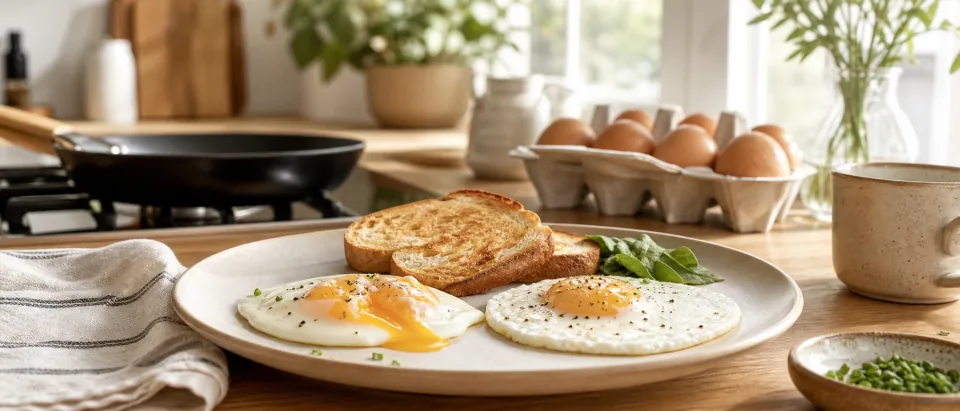Breakfast plate with a soft-yolk egg beside a fully cooked egg option, toast, clean pan, and morning kitchen light.