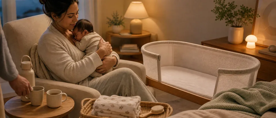 Warm nursery scene with bassinet ready, tired parent nearby, and calm safe-sleep visual cues.