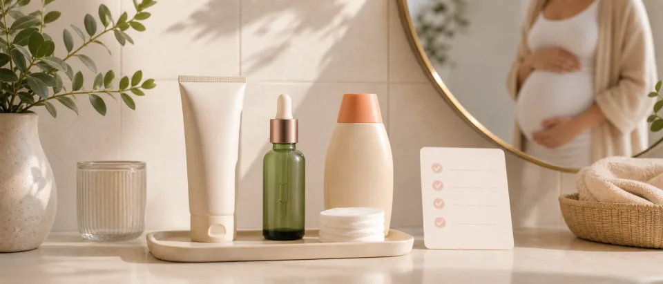 Green skincare serum bottle with gentle acne-care cue in a bright bathroom scene.