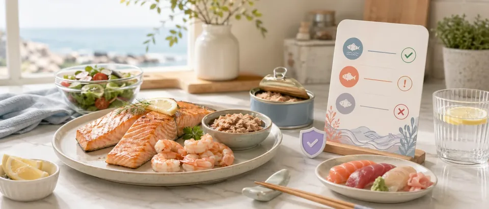 Editorial seafood scene with cooked fish, smoked salmon, sushi cue, mercury-safe checklist, and pregnancy food-safety symbols.
