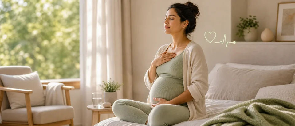 Pregnant person seated by open window practicing calm breathing with soft lung-health cue.