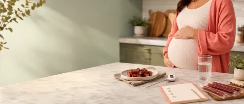 Calm kitchen counter with processed meat snack sticks, a heated plate, thermometer, water, and pregnancy food-safety checklist.