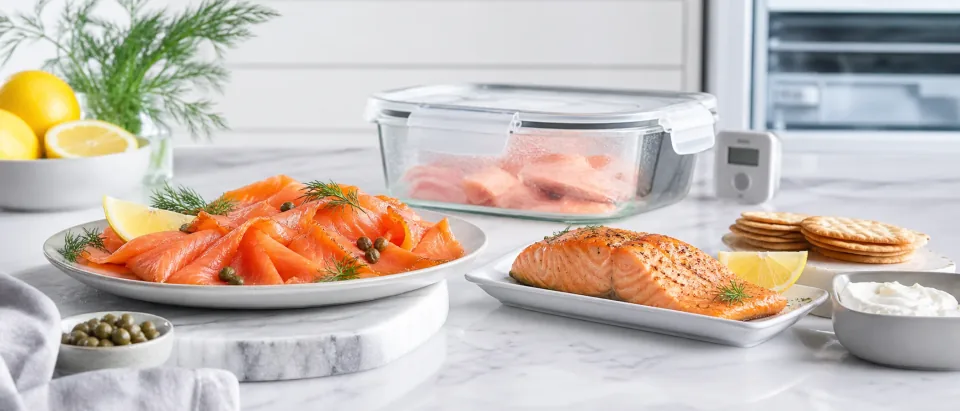 Editorial smoked salmon and cooked seafood board with lemon, herbs, and chilled storage cues.