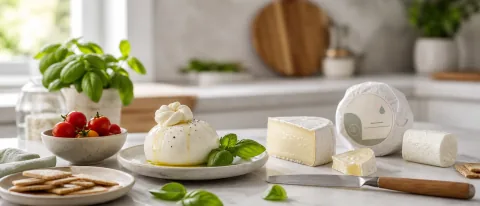 Editorial cheese board with burrata, soft cheese, crackers, herbs, and subtle pregnancy food-safety cues.