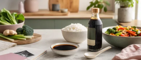 Bowl of soy sauce with rice, vegetables, and a clean spoon on a calm kitchen counter.