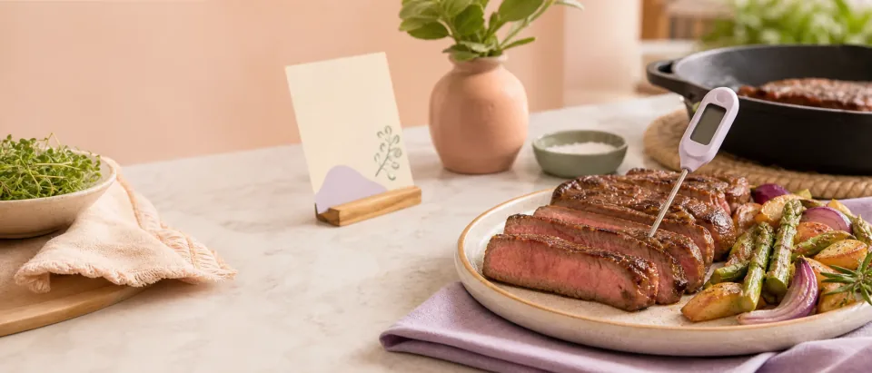 Kitchen scene with sliced steak, vegetables, and a food thermometer checking the internal temperature.