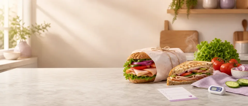 Warm kitchen scene with toasted deli sandwiches, vegetables, a thermometer, and a pregnancy food-safety checklist.