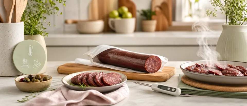 Sliced summer sausage with a thermometer and steaming heated pieces on a calm kitchen counter.