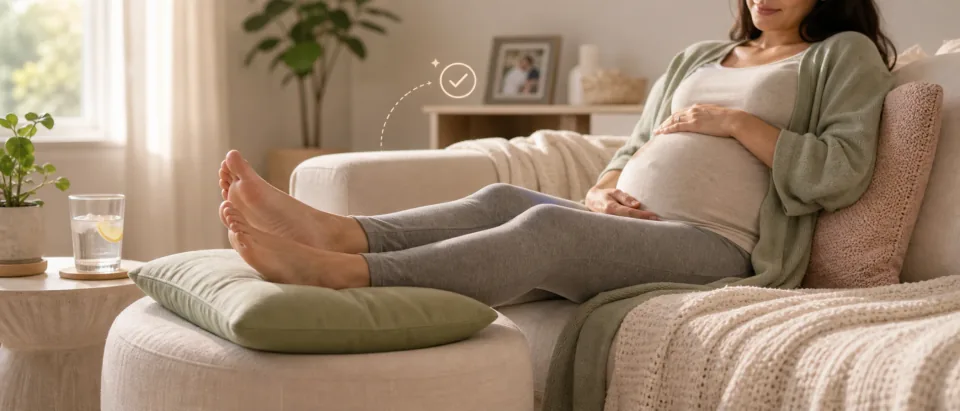 Pregnant person resting with feet elevated, water glass, and care-note cue.