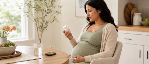Calm Doola Learn editorial scene showing a pregnant person checking a medicine label beside a water glass and phone.