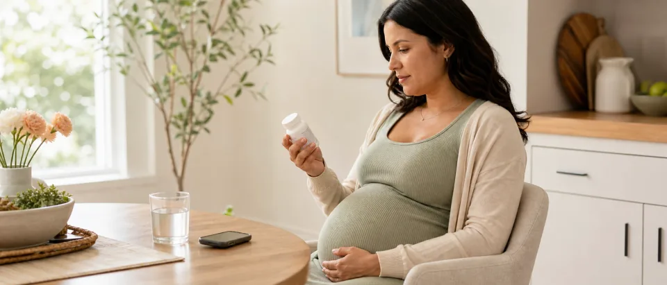 Calm Doola Learn editorial scene showing a pregnant person checking a medicine label beside a water glass and phone.