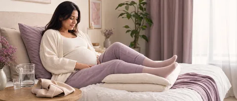 Pregnant person resting modestly with legs elevated on pillows in a calm bedroom, with water and support garment nearby.