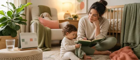 Calm postpartum nursery scene with a parent, baby, feeding journal, water glass, soft blanket, and calendar.