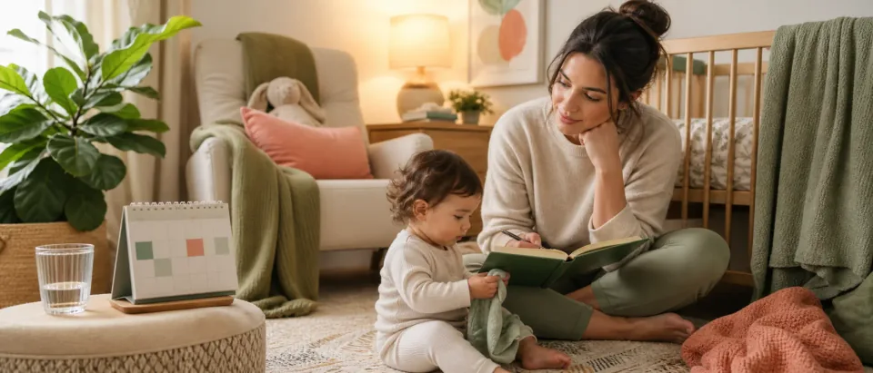 Calm postpartum nursery scene with a parent, baby, feeding journal, water glass, soft blanket, and calendar.