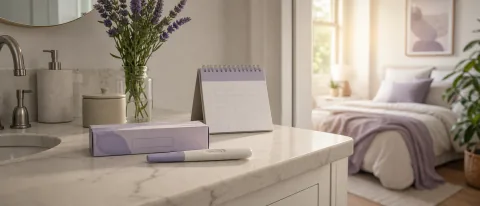 Calm bathroom vanity with a neutral pregnancy test, calendar, and morning light for pregnancy test timing.