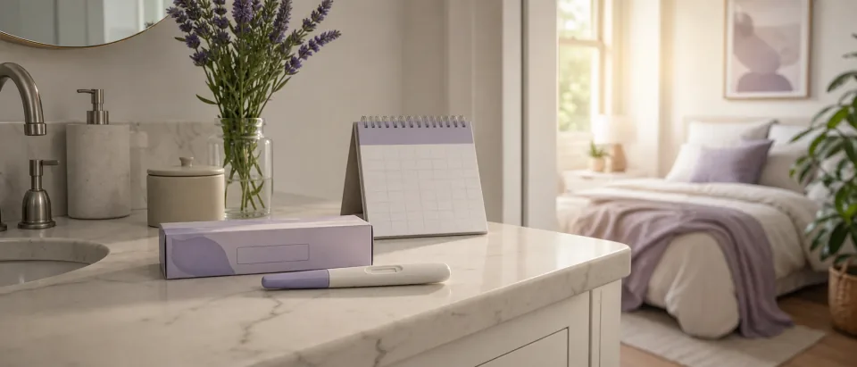 Calm bathroom vanity with a neutral pregnancy test, calendar, and morning light for pregnancy test timing.