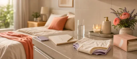 Calm bathroom vanity and bedside scene with pregnancy discharge tracking cues.