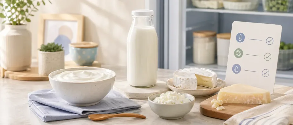 Editorial dairy scene with yogurt, milk, soft cheese, pasteurization label, and pregnancy safety cues.