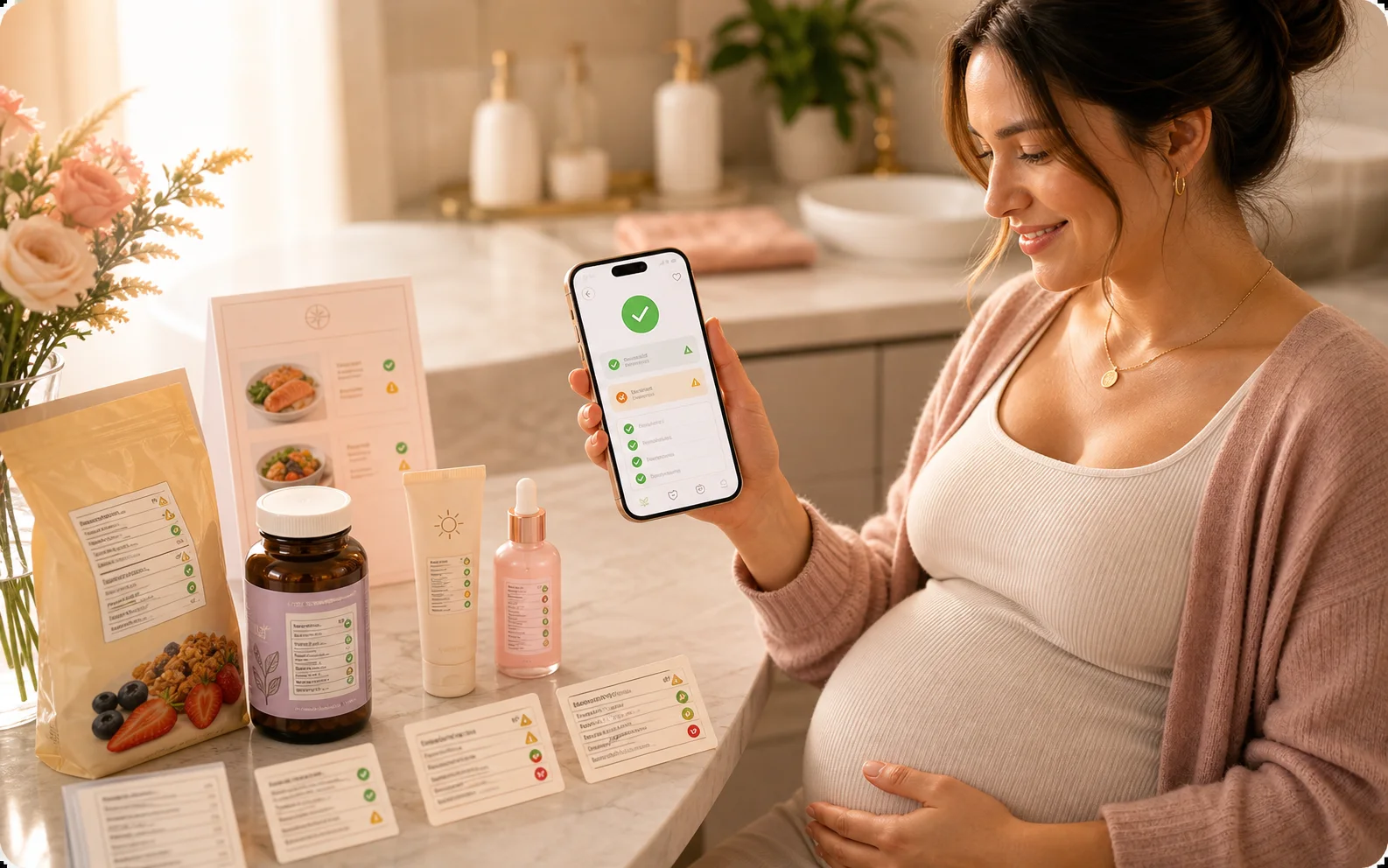 An expectant mother in a bright bathroom checking a pregnancy-safety scan result on her phone, with skincare, a prenatal supplement and food on the marble counter